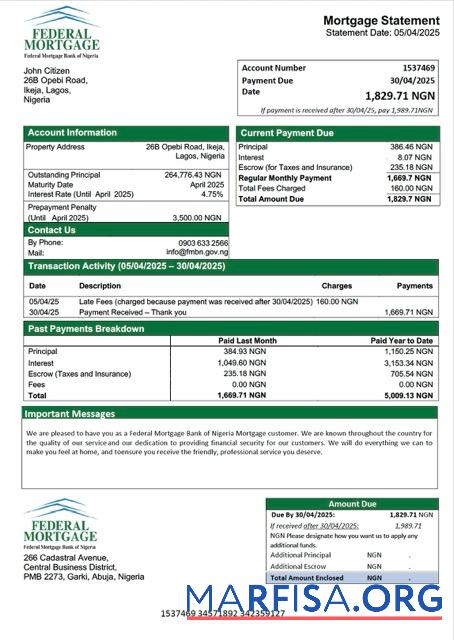 Printable Nigeria Federal Mortgage Bank of Nigeria mortgage statement Word and PDF template